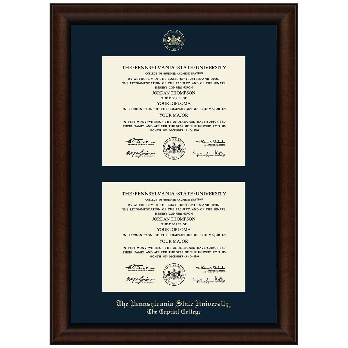 #106 Penn State The Capital College double diploma frame Lenox (Walnut)
